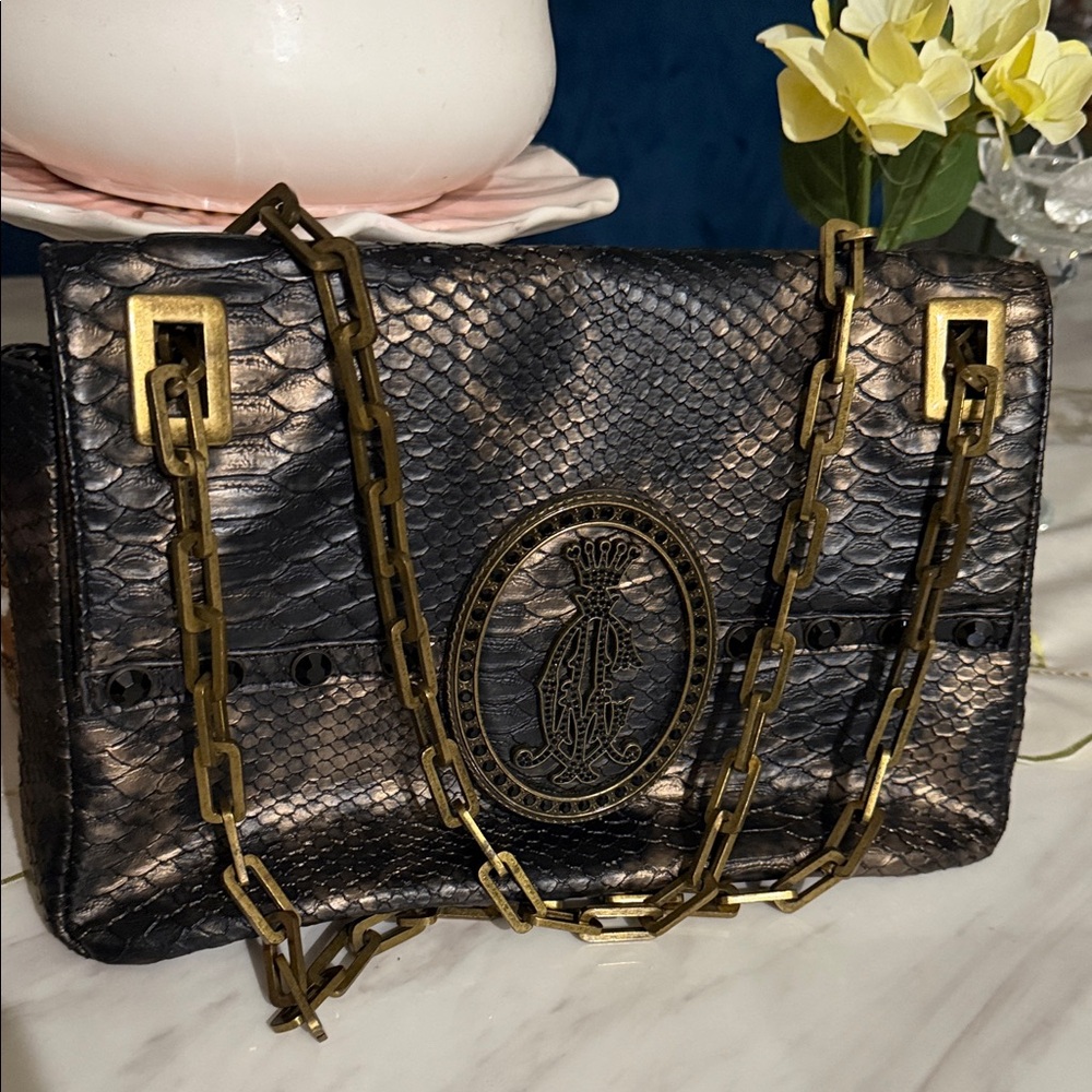 Christian Audigier Black and Gold Textured Shoulder Bag
